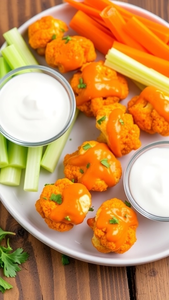 Crispy cauliflower buffalo bites with ranch dressing and fresh vegetables on a rustic table.